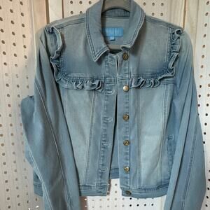Draper James RSVP Women's Blue Denim Jacket Ruffle Button Front Stretch L